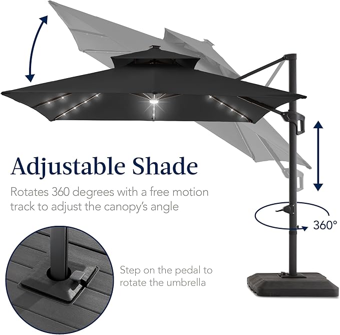 Best Choice Products 9x12ft LED Cantilever Patio Umbrella w/Base Included & 360° Rotation, Large Solar Offset Hanging Outdoor Sun Shade for Deck, Backyard Table w/Stand & Lights – Gray