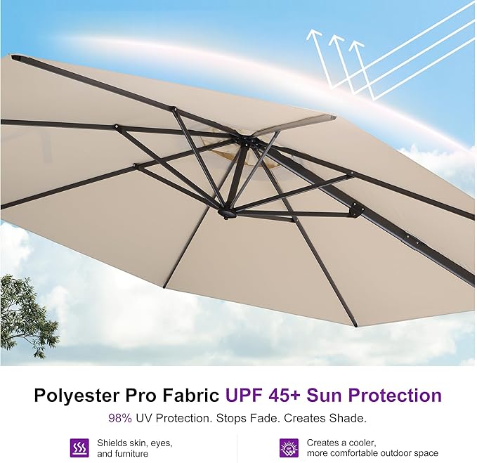 PURPLE LEAF 10 Feet Patio Umbrella with Base and Cover Round Outdoor Cantilever Umbrella Aluminum Offset Umbrella with 360-degree Rotation for Garden Deck Pool Patio Beige