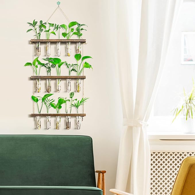 Terrarium Hanging Propagation Station, 3-Tier Wood Frame, 15 Glass Tubes