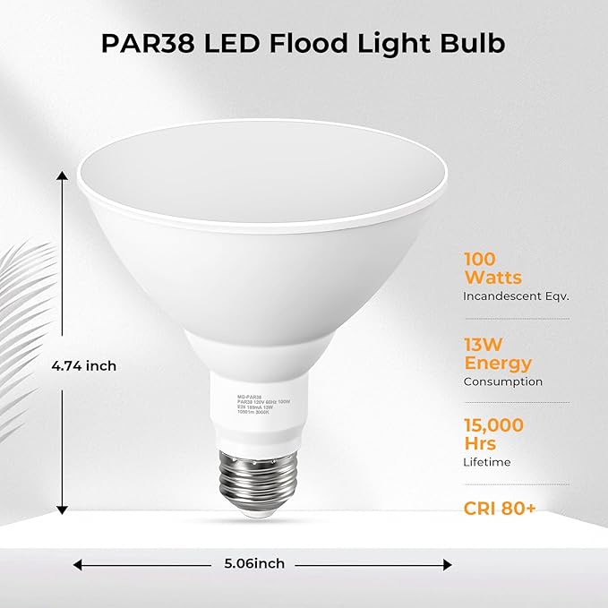 PAR38 Outdoor Flood Light Bulbs, LED Flood Light Bulb Warm White 3000K, 100W Equivalent, 1050LM, Dimmable E26 Base for Porch Garage Yard, 2 Pack