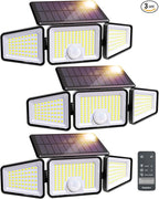 Ensenior Solar Lights Outdoor Motion Sensor, 2600LM 220 LED High Brightness, 3 Head 270° Wide Angle Flood Lights, Remote Control Security Lights 4 Modes, IP65 Waterproof Wireless Wall Light, 3 Pack