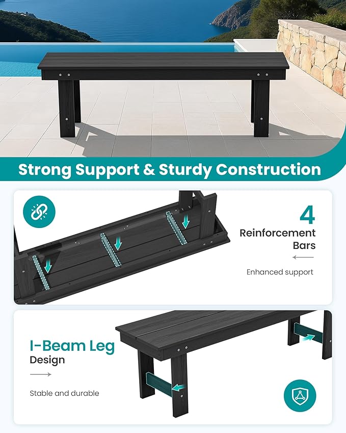 SERWALL 2-Person Outdoor Bench Backless, HDPE Outdoor Benches Weatherproof, 700 Lbs Weight Capacity, Poly Lumber Patio Furniture for Garden, Porch and Park, Black
