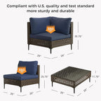 Grand patio 4-Piece Wicker Patio Furniture Set, Retro Outdoor Sectional Sofa with Water Resistant Blue Thick Cushions (Coffee Table Not Included), Brown