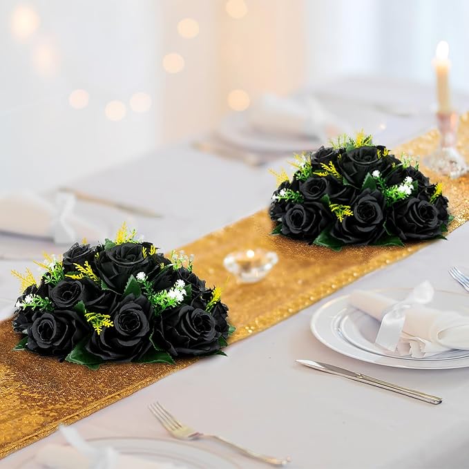 Artificial Black Rose Flower Balls, Set of 6 Silk Centerpieces