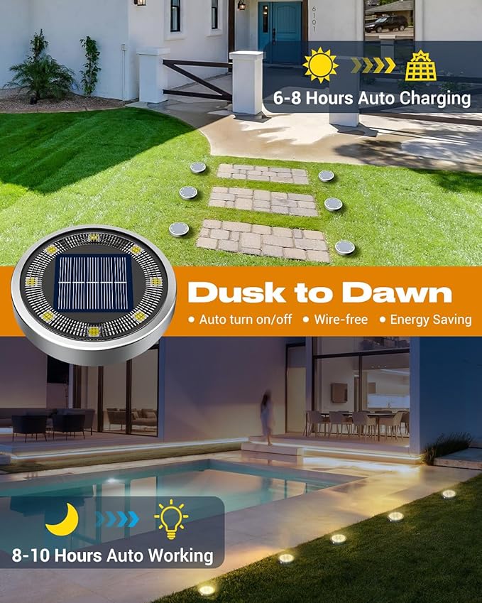 btfarm 10 Pack Solar Ground Lights Outdoor, 8 LED Solar Disc Lights IP65 Waterproof Flat Solar Light, Pathway Lights Solar Powered for Garden Lawn Patio Yard Path Landscape, Warm White