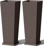 Greesum Set of 2 Tall Plastic Planters with Saucer, 32 Inch Large Pots with Drainage Trays, Weather-Resistant Plastic Plant Containers for Patio, Porch, Garden,Brown