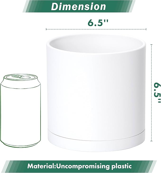 Planters 2 Pack 6.5 Inch Matte White Modern Plastic Pots with Saucers