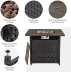 Belord 5 Pieces Wicker Patio Furniture Set: 4 Outdoor Club Chairs Patio Conversation Set with 50000BTU Propane Fire Pit Table, All Weather Grey Rattan Anti-Rust Frame, Brown Cushion