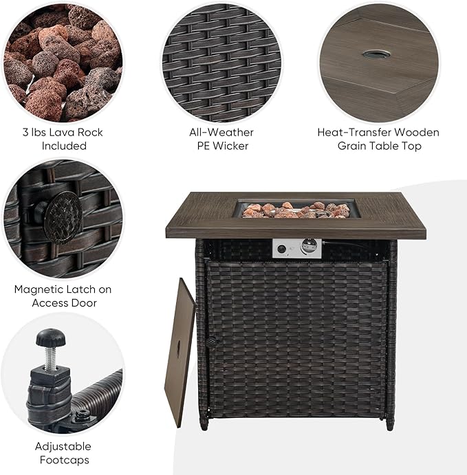 Belord 5 Pieces Wicker Patio Furniture Set: 4 Outdoor Club Chairs Patio Conversation Set with 50000BTU Propane Fire Pit Table, All Weather Brown Rattan Anti-Rust Frame, Beige Cushion