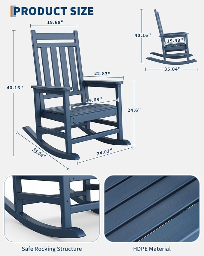 GarveeLife Poly Lumber Rocking Chair Outdoor - HDPE High Back Porch Rocker Chairs for Adults - All Weather Resistant Furniture for Patio - Navy Blue