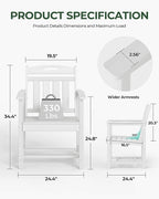 Patio Chairs Set of 2, HDPE Outdoor Dining Chairs with Wide Seat, All Weather Oversized Porch Chair for Garden, Backyard, Deck - White