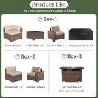 Aoxun 7 Piece Patio Furniture Set with Wide Armrests & 44” Fire Pit Table Wicker Rattan Outdoor Sectional Sofa Set with Coffee Table and Thickened Cushions, Brown/Beige(Waterproof Cover Included)