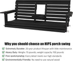 Poly Lumber 3-Seat Porch Swing, HIPS 5-Feet Bench Swing with Foldable Cup Holders,18/8 Stainless Steel Hardware, High Backrest and Deep Contoured Seat, Carbon Black