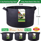 3-Pack 20 Gallon Thickened Plant Grow Bags Large (22x12 in) Heavy Duty Fabric Plant Pots Garden Bag for Tomato,Potato Planter,Flower Pots,Herbs Veggies Planting,Barrel Planter,Leaf Bag,Yard Waste Bags