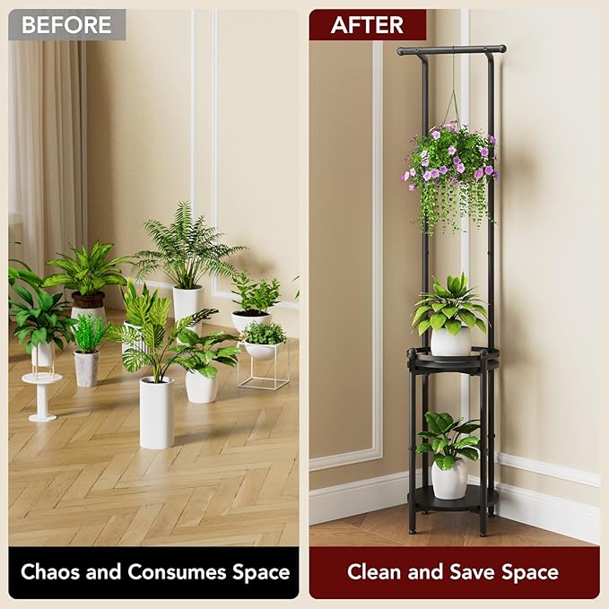 Plant Stand Indoor Outdoor - Heavy Duty Metal 2-tier Hanging Plant Holder Space-Saving Iron Plant Stands Tall Plant Shelf for Living Room Garden Balcony（Black）
