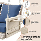 Upgraded Wicker Hanging Porch Swing Heavy Duty 900 LBS 3-Seat Outdoor Patio Swing Chair Bench for Adult w/ 8.9ft Hanging Chains Cushions and Cup Holder(Grey/Blue)