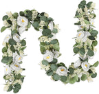 Artificial Eucalyptus Garland 2-Pack, White Roses and Green Leaves