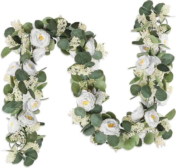 Artificial Eucalyptus Garland 2-Pack, White Roses and Green Leaves