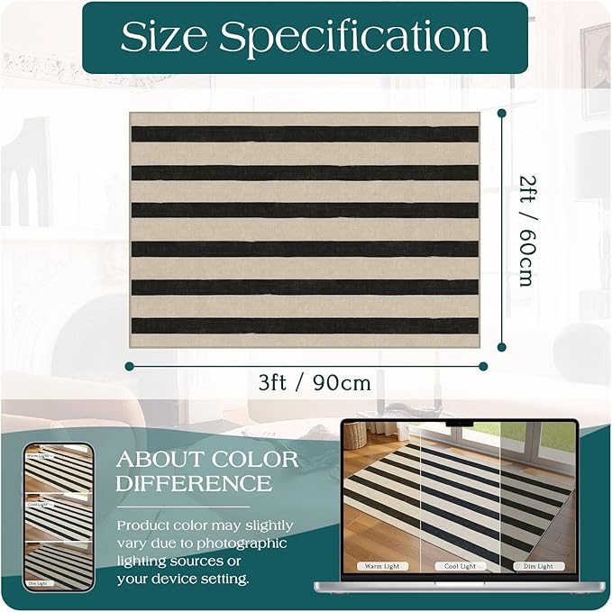 Outdoor Rug in Black and White Stripes, 2 x 3 ft Polyester