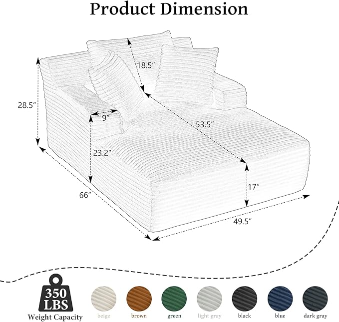 66" Chaise Lounge Chair Indoor, Oversized Boneless Couch Comfy Upholstered Sleeper Sofa Bed with 3 Pillows, Corduroy Cloud Reading Chair for Living Room No Assembly Required, Light Grey