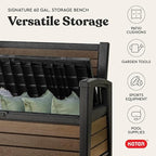 Keter Signature 60 Gallon Storage Bench Deck Box for Patio Furniture, Front Porch Decor and Outdoor Seating – Perfect to Store Garden Tools, Walnut