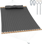 2 Person Hammocks for Outside, Double Quilted Fabric Outdoor Hammock with Spreader Bar, Large Removable Pillow, Storage Pockets, Carabiners, Max 475 lbs Capacity (Dark Grey)