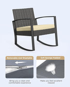 3 Pieces Porch Furniture Set Patio Rocking Bistro Set Outdoor Patio Chairs Rattan Conversation Sets with Coffee Table for Front Porch Garden Balcony Backyard Poolside (Beige Cushion)