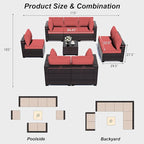 ALAULM Patio Furniture Set with Coffee Table, 9 Pieces Outdoor Sectional with Wide Seat and Thick Cushion, All Weather Wicker Rattan Conversation Set for Backyard, Garden, Deck, Red