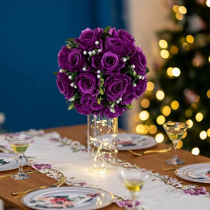 Artificial Rose Flower Balls, Purple Silk, 6 Pack for Centerpieces