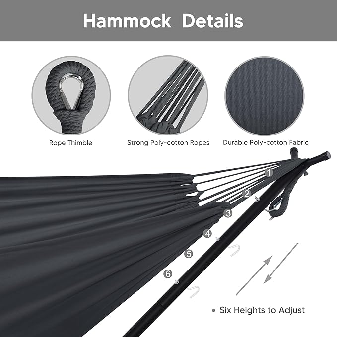 SUNCREAT 2-in-1 Hammocks Convertible Portable Double Hammock with Stand Included, Outdoor Hammock and Stand, Patented, Dark Grey