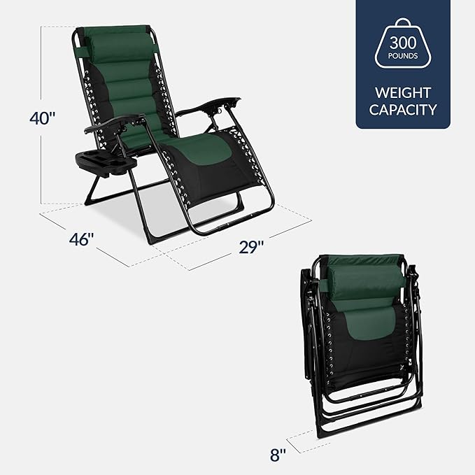 Best Choice Products Oversized Padded Zero Gravity Chair, Folding Outdoor Patio Recliner, XL Anti Gravity Lounger for Backyard w/Headrest, Cup Holder, Side Tray, Polyester Mesh - Forest Green