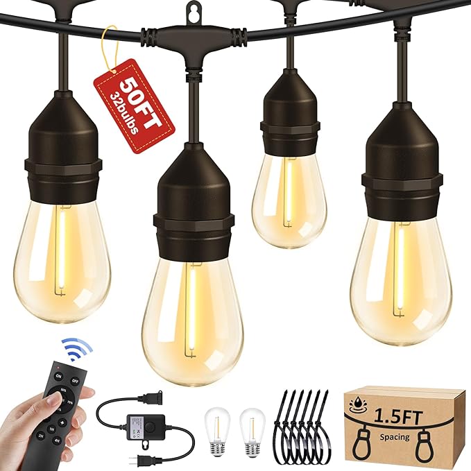 String Lights, 50 FT Outdoor LED Set with 32 Bulbs and Remote