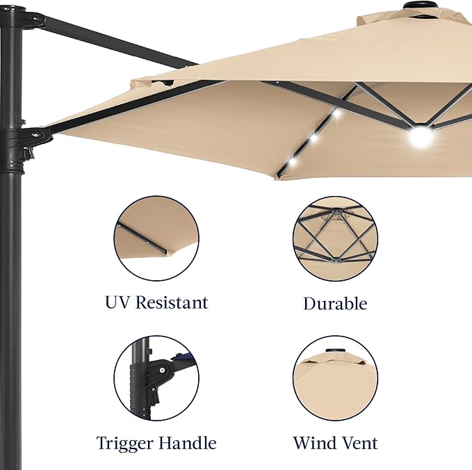 Best Choice Products 10ft Solar LED Offset Cantilever Hanging Market Patio Umbrella, Smooth 360° Rotation, 8 Sturdy Ribs, Easy Adjustment - Sand
