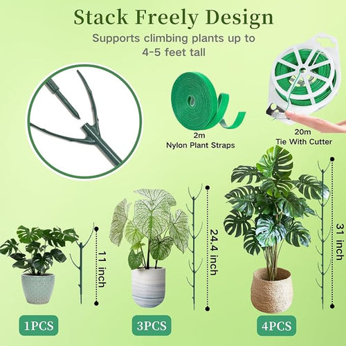 15 Pack Stackable Monstera Plant Support Stakes, 120inch Climbing Plant Sticks Structures with Garden Ties, Durable Alternative to Moss Pole for Indoor Outdoor Plants