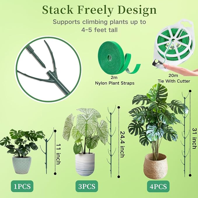 6 Pack Stackable Plant Support Stakes, 43inch Climbing Plant Sticks Structures for Monstera with Garden Ties, Durable Alternative to Moss Pole for Indoor Outdoor Plants