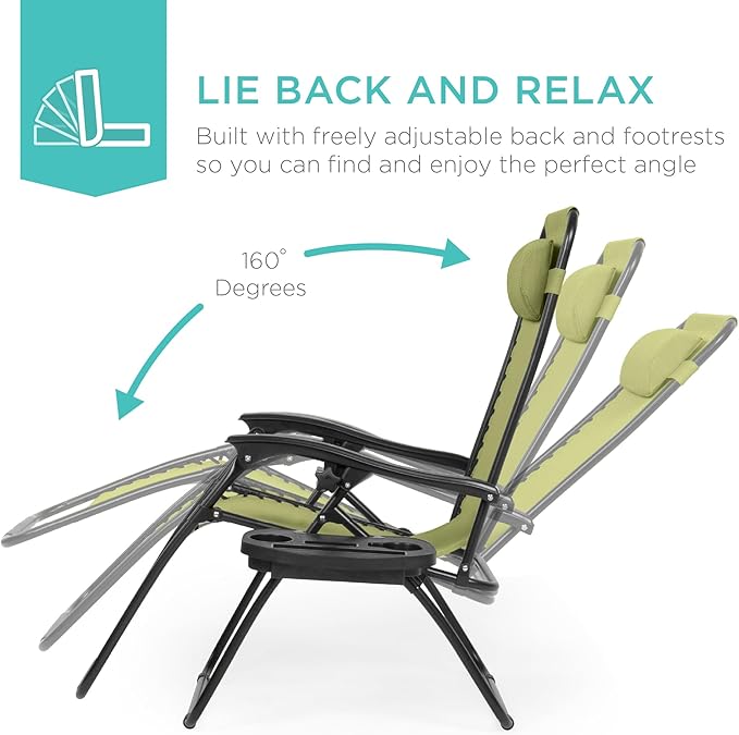 Best Choice Products Set of 2 Adjustable Steel Mesh Zero Gravity Lounge Chair Recliners w/Pillows and Cup Holder Trays - Dusty Green/Black