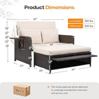 VINGLI Patio Daybed, Wicker Outdoor Daybed with Storage Ottoman & 5-Level Adjustable Backrest, All-Weather Rattan Cushioned Patio Loveseat Sofa for Garden Balcony Backyard (Beige, Brown)
