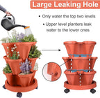 DUNCHATY Stackable Planters 3 Tier Vertical Garden Planting Tower Planters Strawberry, Herb, Flower, and Vegetable Planter Indoor Outdoor Gardening Pots with Removable Wheels and Tools