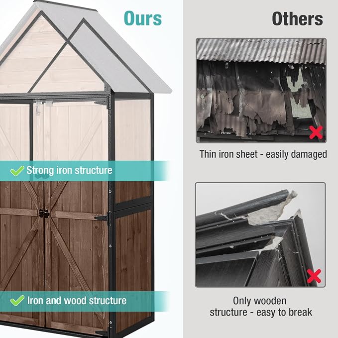 Storage Shed with Metal Frame, 3 Adjustable Shelves, Dark Brown