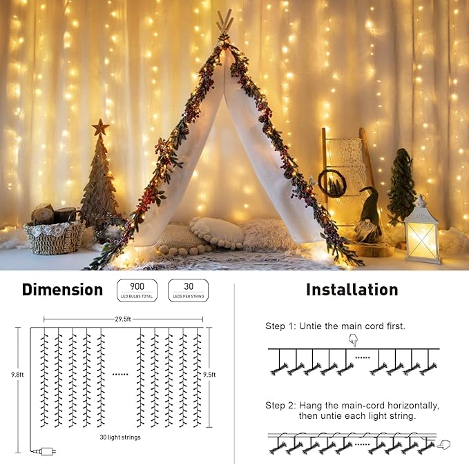Indoor String Lights: 900 LED Warm White Curtain Lights, 9.5 x 29.5 ft