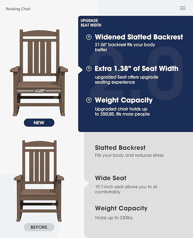 KINGYES HDPE Outdoor Rocking Chair, Widened Seat Patio Rocking Chair, Oversized All Weather Patio Rocker, Brown