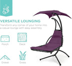 Best Choice Products Outdoor Hanging Curved Steel Chaise Lounge Chair Swing w/Built-in Pillow and Removable Canopy - Purple