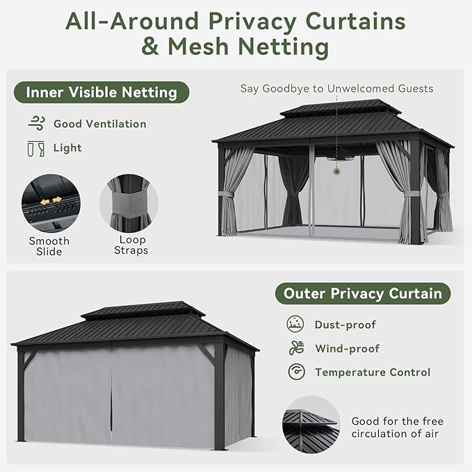 Aoxun 12'x16' Hardtop Gazebo, Aluminum Frame Canopy with Double Galvanized Steel Roof, Outdoor Metal Pavilion with Netting Curtains and 20 inch Ceiling Fans with Lights for Backyard, Patio and Deck