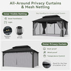 Aoxun 12'x16' Hardtop Gazebo, Aluminum Frame Canopy with Double Galvanized Steel Roof, Outdoor Metal Pavilion with Netting Curtains and 20 inch Ceiling Fans with Lights for Backyard, Patio and Deck