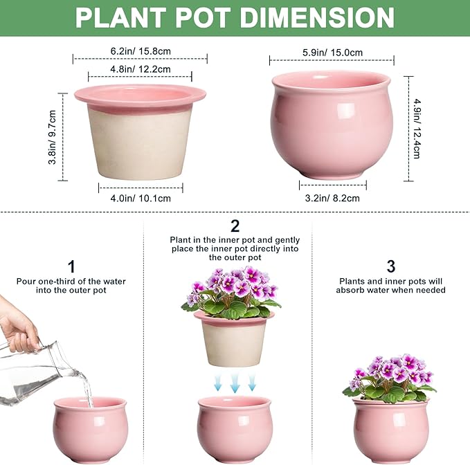 African Violet Pots, 6 Inch Ceramic Easy Self Watering Pots with Absorbent Inner Pot, Round Ceramic Planter for Indoor Plants, Small Flower Pot, Home Decor, Gifts for Plant Lovers, Pink