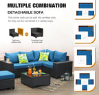 6 Pieces Patio Furniture Set All-Weather Outdoor Wicker Sectional Conversation Sofa Rattan Patio Seating Sofa with Cushion and Glass Table for Porch Poolside,Peacock Blue