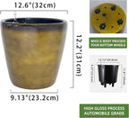 Dexceder 13x12 Self Watering Planter with Wheels Indoor Outdoor, Inner Pot Design, Thickened Large Floor Standing Flower Plant Pot with Water Level Indicator (Yellow Brown Gradient)