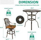 VIVIJASON 3-Piece Patio Swivel Bar Stools Set, All Weather Cast Aluminum Outdoor Bar Height Bistro Set with 2 Cushioned Bar Chairs & 38.5" High Bar Table w/Umbrella Hole for Backyard, Lawn, Garden