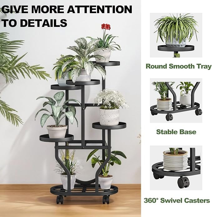 Plant Stand 5 Tier Indoor Outdoor Metal Flower Shelf with Wheels Multi Plants Holder Display Rack for Garden Patio Balcony Living Room Black (Black, 5 Tier)