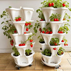 Strawberry Planters, 7 Tiered Vertical Stackable Planter, Herb Stacking Tower Garden, Flower Vegetable Planters with Support Pole, Indoor & Outdoor with Removable Wheels - White